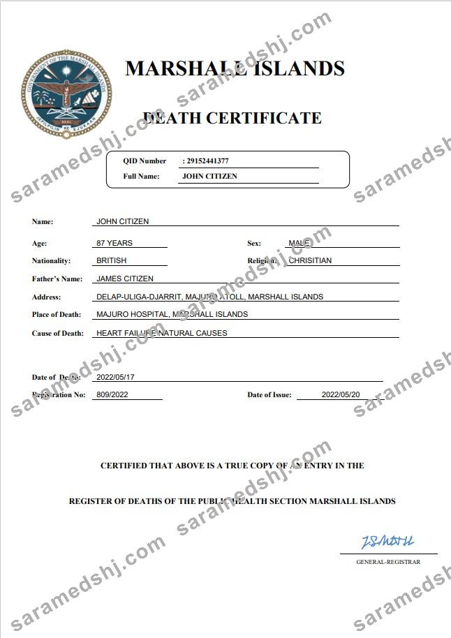Marshall Islands vital record death certificate Word and PDF template